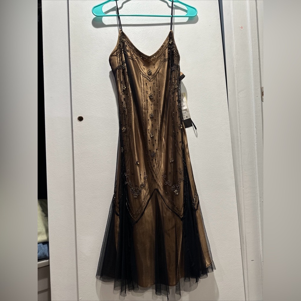 Vintage 90s spaghetti strap flapper style mesh beaded overlay dress - Picture 2 of 7